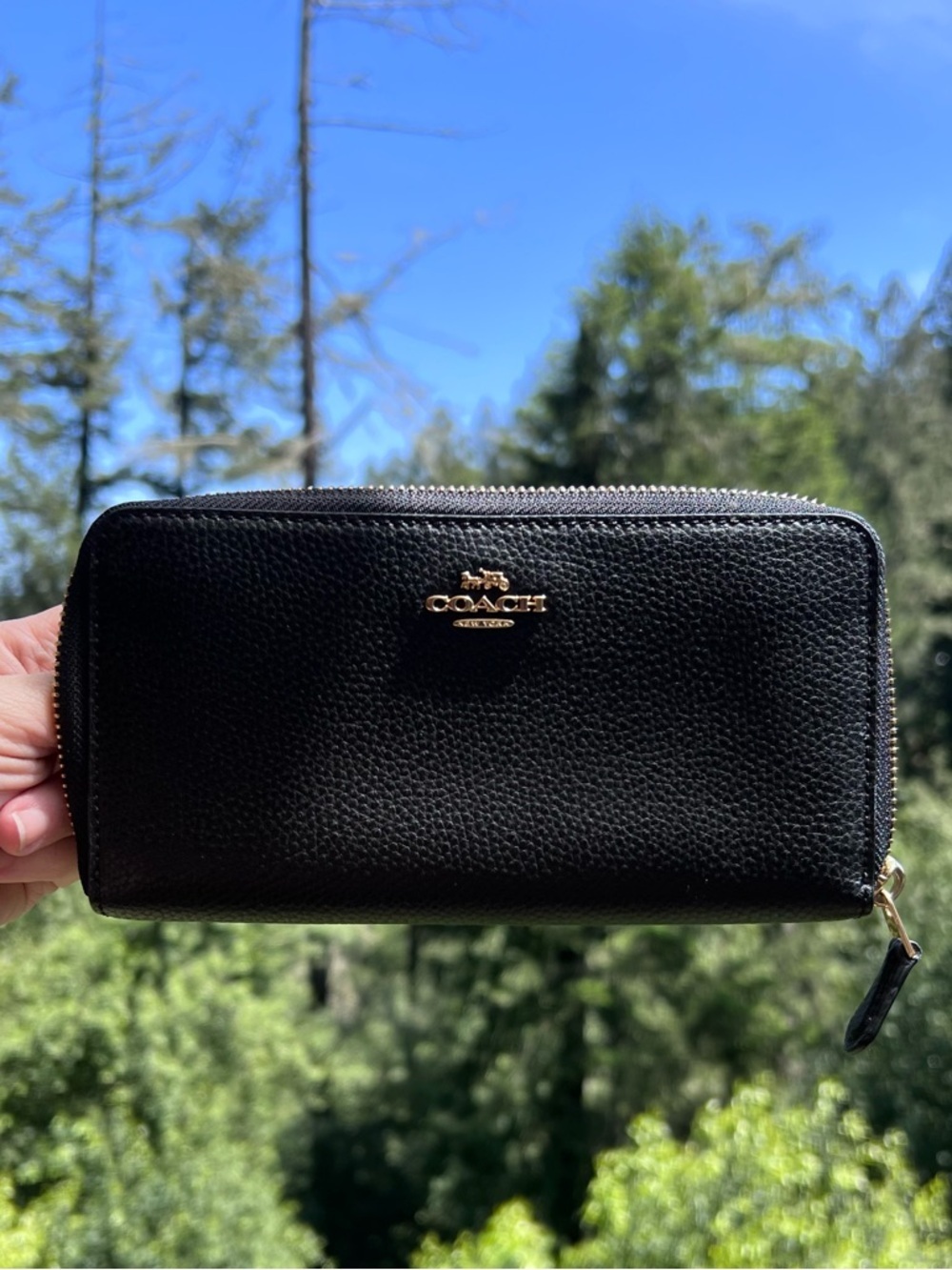COACH Long Zip-Around Black Pebble Leather Wallet with Gold Hardware AUTHENTIC